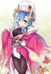  blue_hair bodysuit horns japanese_clothes kimono kodama_yuu long_hair obi original pantyhose sash sheep yellow_eyes 