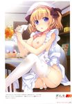  absurdres apron breasts brown_hair cream garter_belt ginta hat highres icing lace lace-trimmed_thighhighs large_breasts naked_apron nipples no_bra no_panties pastry_bag purple_eyes sexually_suggestive solo thighhighs white_legwear 