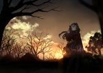  bou_shaku brown_hair dark fate/stay_night fate_(series) highres house long_hair looking_back pleated_skirt scenery skirt sky solo standing star_(sky) thighhighs toosaka_rin tree twilight twintails wind 