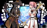  akemi_homura belt_pouch black_hair black_mage black_mage_(cosplay) blue bow cloak cosplay eye_contact final_fantasy final_fantasy_xiv from_side hair_bow hat head_tilt highres holding holding_weapon iwashi_(ankh) kaname_madoka kyubey long_hair looking_at_another mahou_shoujo_madoka_magica multiple_girls pink_hair pocket polearm pouch profile purple_eyes short_hair short_twintails smile standing twintails wand weapon white_mage white_mage_(cosplay) witch_hat 