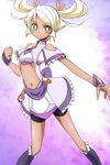  bike_shorts blonde_hair boots bright_pupils crop_top expressionless knee_boots magical_girl manji_(tenketsu) midriff navel original pointy_ears pose precure purple_background short_hair short_twintails shorts shorts_under_skirt skirt solo twintails white_background wrist_cuffs yellow_eyes 