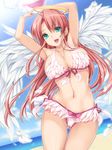  aqua_eyes arms_up ball beach beachball bikini blush breasts cleavage day feathers front-tie_top halo highres large_breasts long_hair moneti_(daifuku) open_mouth original red_hair shiny shiny_skin side-tie_bikini smile solo swimsuit thigh_gap very_long_hair white_wings wings 