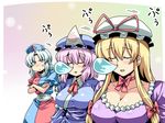  anger_vein blonde_hair blue_dress braid breasts choker cleavage collarbone commentary_request crossed_arms dress game_console hat hat_ribbon highres japanese_clothes kimono large_breasts long_hair long_sleeves mob_cap multicolored multicolored_clothes multicolored_dress multiple_girls nurse_cap pink_hair pout purple_dress red_dress ribbon ribbon_choker saigyouji_yuyuko sega_dreamcast short_hair short_sleeves silver_hair single_braid sleeping sleeping_upright smile touhou triangular_headpiece tsuki_wani yagokoro_eirin yakumo_yukari 