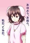  animal_ears brown_hair bunny_ears carrot carrot_necklace inaba_tewi jewelry jitome necklace pendant pink_eyes satou_yuuki solo touhou translated triangle_mouth 