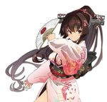  alternate_costume between_fingers blush brown_eyes brown_hair cherry_blossoms fan floral_print flower folding_fan hair_flower hair_intakes hair_ornament headgear iwasaki_takashi japanese_clothes kantai_collection kimono long_hair long_sleeves obi ponytail sash side_slit simple_background smile solo very_long_hair wide_sleeves yamato_(kantai_collection) 