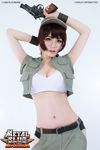  breasts brown_hair cleavage cosplay fio_germi glasses gun metal_slug midriff navel photo shorts snk solo weapon 