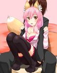  1girl animal_ears black_legwear blush bra breasts casual cleavage collarbone fate/extra fate_(series) fox_ears fox_tail kishinami_hakuno_(male) large_breasts looking_at_viewer open_clothes open_mouth open_shirt pink_bra pink_hair shirt sitting tail tamamo_(fate)_(all) tamamo_no_mae_(fate) totororo underwear yellow_eyes 