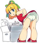  :o aqua_eyes ass bent_over blonde_hair box from_behind hair_ribbon hand_on_hip looking_back non-web_source om_(nk2007) open_mouth panties ribbon robot rockman roll short_hair simple_background skirt sleeveless solo underwear white_background white_panties 