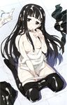  bangs black_eyes black_hair black_legwear blunt_bangs breasts bukkake byakuya_rinne collar cum cum_on_body cum_on_breasts cum_on_clothes cum_on_hair cum_on_lower_body cum_on_upper_body euphoria_(clockup) facial finger_to_mouth hamashima_shigeo highres nipples pale_skin panties panty_pull pantyhose pantyhose_pull scan sitting small_breasts solo underwear wariza white_panties 