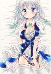  apron bed blue_eyes blush braid breasts cleavage cowboy_shot frills garter_straps hand_on_own_chest izayoi_sakuya large_breasts long_hair lying maid maid_apron maid_headdress on_back open_mouth panties panty_lift silver_hair solo tareme thighhighs touhou twin_braids underwear wminiminiw 