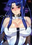  bare_shoulders blue_hair blush breasts collar elbow_gloves fishnets gloves highres huge_breasts lips long_hair looking_at_viewer ninja nipples r-wade red_eyes solo taimanin_(series) taimanin_asagi taimanin_murasaki yatsu_murasaki 