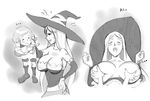  1girl age_difference anger_vein bare_shoulders blush bottle breast_grab breasts breasts_outside caracol closed_eyes collarbone detached_sleeves dragon's_crown grabbing greyscale hat heart hetero large_breasts long_hair monochrome open_mouth parted_lips skindentation sorceress_(dragon's_crown) witch_hat 