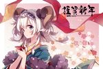  blue_eyes hairband horns japanese_clothes kimono lolita_hairband long_hair looking_at_viewer original sheep_horns silver_hair smile solo translation_request u35 