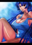  alternate_costume bangs bare_arms bare_legs bare_shoulders blue_hair blue_swimsuit blush breasts brown_eyes casual_one-piece_swimsuit collarbone covered_nipples eyebrows_visible_through_hair eyelashes from_side highres knee_up large_breasts letterboxed light_rays long_hair looking_at_viewer looking_to_the_side one-piece_swimsuit parted_bangs r-wade shiny shiny_hair solo strap_slip sunbeam sunlight swimsuit taimanin_(series) taimanin_asagi tongue tongue_out very_long_hair yatsu_murasaki 
