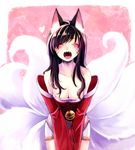  ahri animal_ears blue_hair breasts closed_eyes detached_sleeves fangs fox_ears fox_girl fox_tail korean_clothes large_breasts league_of_legends leaning_forward long_hair mizoreame multiple_tails off_shoulder open_mouth solo tail translated v_arms whisker_markings wide_sleeves 