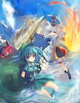  backpack bag blue_hair clear_echoes drill fire hair_bobbles hair_ornament hat highres japanese_clothes kariginu kawashiro_nitori key mononobe_no_futo multiple_girls open_mouth ponytail ribbon short_hair silver_hair sketch skirt smile tate_eboshi touhou twintails water 