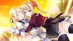  2girls blonde_hair blush breasts eyes_closed flower game_cg green_eyes hair_ornament highres kimishima_ao large_breasts long_hair mitsu_king multiple_girls open_mouth otome_ga_kanaderu_koi_no_aria rose school_uniform smile tenshouin_chikage zinno 