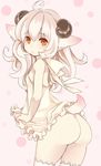  ahoge animal_ears ass cowboy_shot from_side horns long_hair looking_at_viewer mikan_no_shiru no_panties orange_eyes original pink_background sheep_ears sheep_horns solo tail thighhighs white_hair white_legwear 