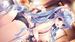  animal_ears apron ass bell black_panties blue_hair breasts cat cat_ears cooking dutch_angle game_cg highres holding jingle_bell large_breasts long_hair nearly_naked_apron nekoyashiki_perusha non-web_source nyan_cafe_macchiato open_mouth panties purple_eyes solo underwear wori 