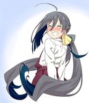  ahoge akitetsu bad_id bad_twitter_id blush from_behind grey_hair grin kantai_collection kiyoshimo_(kantai_collection) long_hair looking_back school_uniform smile solo tears twintails very_long_hair 