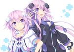  :d adult_neptune blush book choker collarbone dual_persona east01_06 hair_ornament holding holding_book long_hair looking_at_viewer multiple_girls neptune_(choujigen_game_neptune) neptune_(series) open_mouth purple_eyes purple_hair shin_jigen_game_neptune_vii short_hair short_sleeves smile 