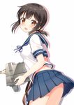  ass black_hair blush brown_eyes fubuki_(kantai_collection) holding hyuuga_azuri kantai_collection looking_at_viewer machinery open_mouth pleated_skirt ponytail school_uniform serafuku skirt solo sweat turret 