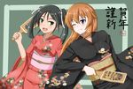  :d black_hair black_kimono blue_eyes blush brown_hair charlotte_e_yeager fang francesca_lucchini green_eyes hagoita hair_ribbon happy_new_year highres hiroshi_(hunter-of-kct) japanese_clothes kimono long_hair multiple_girls new_year obi one_eye_closed open_mouth paddle ribbon sash signature smile strike_witches translated twintails world_witches_series 