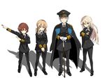  alternate_costume bismarck_(kantai_collection) black_ribbon blonde_hair blue_eyes blush braid brown_eyes brown_hair cane collared_shirt crossed_arms epaulettes female_admiral_(kantai_collection) gloves grey_hair hair_ribbon hat iron_cross iwasaki_takashi jacket jacket_on_shoulders kantai_collection kriegsmarine long_hair long_sleeves military military_uniform multiple_girls necktie old_woman pants peaked_cap prinz_eugen_(kantai_collection) ribbon shadow shirt shoes short_hair smile twintails uniform white_gloves z3_max_schultz_(kantai_collection) 