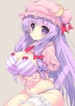  bad_id bad_pixiv_id bikini blush breast_hold breasts cleavage crescent hat large_breasts leg_garter long_hair noto_kurumi open_mouth patchouli_knowledge purple_bikini purple_eyes purple_hair simple_background solo striped striped_bikini swimsuit touhou 