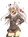  amatsukaze_(kantai_collection) breasts cowboy_shot embarrassed flying_sweatdrops garter_straps gloves hair_tubes hand_on_hip highres kantai_collection long_hair long_sleeves open_mouth outstretched_hand panties pantyshot sailor_collar see-through shinta_(the-mattyaman) silver_hair simple_background small_breasts solo thighhighs trembling two_side_up underwear very_long_hair wavy_mouth white_background white_gloves windsock yellow_eyes 
