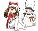  b-man bow brown_eyes brown_hair cake eating food fork fork_in_mouth gloves hat holding kantai_collection long_hair looking_at_viewer mittens multicolored_bow multiple_girls northern_ocean_hime open_mouth pantyhose red_ribbon ribbon ryuujou_(kantai_collection) santa_costume santa_hat shinkaisei-kan sitting skirt strawberry_shortcake sweatdrop translated twintails white_gloves white_hair white_legwear white_skin yellow_eyes 