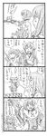  4koma :d akagi_(kantai_collection) alternate_costume arrow bbb_(friskuser) bow_(weapon) comic cosplay crossbow fairy_(kantai_collection) flight_deck greyscale hakaider hakaider_(cosplay) headband helmet highres holding kaga_(kantai_collection) kantai_collection kikaider_(series) long_hair machinery monochrome multiple_girls muneate open_mouth school_uniform serafuku short_hair side_ponytail smile sparkle taihou_(kantai_collection) tasuki translated v-shaped_eyebrows weapon wrench 