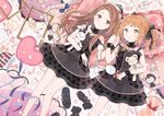  bare_shoulders black_dress brown_eyes brown_hair candy character_doll cushion dress expressionless food glowing glowing_eyes gomi_chiri gothic_lolita green_eyes holding_hands idolmaster idolmaster_(classic) idolmaster_2 lolita_fashion long_hair looking_at_another looking_to_the_side lying matching_outfit minase_iori multiple_girls object_hug on_back orange_hair short_dress short_twintails takatsuki_yayoi twintails wavy_hair wrist_cuffs 