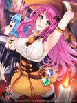  armlet armpits bare_shoulders bat_hair_ornament bell bell_collar blue_eyes blue_hair breasts collar corset eyebrows_visible_through_hair frills furyou_michi_~gang_road~ hair_ornament halloween hat jack-o'-lantern large_breasts long_hair multiple_girls official_art parted_lips pink_hair potion red_eyes remana short_hair skirt striped striped_legwear thighhighs witch witch_hat yamanashi_chihiro 