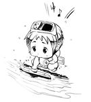  baby diving_mask diving_mask_on_head eighth_note greyscale kantai_collection maru-yu_(kantai_collection) military military_vehicle mokuzou monochrome musical_note playing school_swimsuit simple_background solo submarine swimsuit toy watercraft younger 