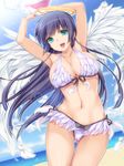  aqua_eyes arms_up ball beach beachball bikini blush breasts cleavage day feathers front-tie_top halo highres large_breasts long_hair moneti_(daifuku) open_mouth original purple_hair shiny shiny_skin side-tie_bikini smile solo swimsuit thigh_gap very_long_hair white_wings wings 