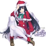  ankle_boots black_hair boots breasts dated full_body hair_over_one_eye hayashimo_(kantai_collection) high_heel_boots high_heels kantai_collection legs long_hair on_floor pantyhose rokuwata_tomoe santa_costume signature simple_background sitting small_breasts solo very_long_hair white_background yellow_eyes 