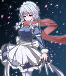  apron blue_dress braid breasts dress frilled_dress frills holding holding_knife izayoi_sakuya knife knives_between_fingers large_breasts light_smile long_sleeves maid maid_apron maid_headdress night pantyhose perfect_cherry_blossom petals puffy_long_sleeves puffy_sleeves red_eyes scarf silver_hair snowing solo tendo touhou twin_braids white_legwear wind wrist_cuffs 