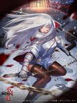  2013 blood chain fingerless_gloves furyou_michi_~gang_road~ gloves knife long_hair parted_lips red_eyes silver_hair snow snowing solo_focus thighhighs ukero 