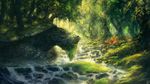  fantasy forest god island_turtle moss nature no_humans original outdoors plant river rock scales scenery signature sunlight tortoise tree turtle vines water you_shimizu 