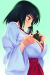  1girl between_breasts black_hair blush breasts breath cleavage coat covered_nipples from_side giantess hakama japanese_clothes large_breasts miko original person_between_breasts profile red_hakama size_difference teston 