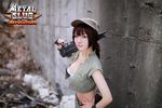  breasts brown_hair cleavage cosplay fio_germi glasses gun hand_on_hip hat metal_slug midriff photo snk solo weapon 