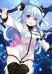  :d black_legwear blue_eyes blue_hair blush cowboy_shot dress hair_ribbon long_hair long_sleeves looking_at_viewer mikan_no_shiru noel_(sora_no_method) open_mouth outstretched_arms ribbon smile solo sora_no_method spread_arms thighhighs two_side_up white_dress 