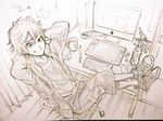  arms_behind_head big_hero_6 chair computer cup desk from_above graphite_(medium) hiro_hamada male_focus monitor mug pencil shorts smile solo toboso_yana traditional_media uneven_eyes 