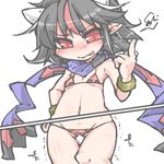  bikini black_hair flat_chest horn kijin_seija kureha_mitsushige middle_finger red_hair short_hair solo swimsuit touhou 