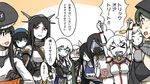  &gt;_&lt; :d akagi_(kantai_collection) arms_up bare_shoulders black_hair chi-class_torpedo_cruiser closed_eyes clothes_writing collar commentary_request cosplay costume_switch ebizome fingerless_gloves glasses gloves green_eyes green_hair hair_ornament hair_over_one_eye hairband headgear i-19_(kantai_collection) ka-class_submarine kaga_(kantai_collection) kantai_collection kirishima_(kantai_collection) kiso_(kantai_collection) maru-yu_(kantai_collection) mask multiple_girls muneate nagato_(kantai_collection) open_mouth pale_skin re-class_battleship red_eyes ri-class_heavy_cruiser ru-class_battleship school_swimsuit scuba_gear shinkaisei-kan smile sweatdrop swimsuit ta-class_battleship takao_(kantai_collection) translated trick_or_treat white_hair wo-class_aircraft_carrier yamato_(kantai_collection) yellow_eyes yin_yang yo-class_submarine 