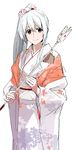  arrow bad_id bad_twitter_id black_eyes hamaya japanese_clothes kantai_collection kimono long_hair looking_at_viewer obi ponytail ruuto_(sorufu) sash shoukaku_(kantai_collection) simple_background sketch smile solo white_background white_hair 
