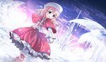  :d blonde_hair blue_eyes boots capelet dutch_angle fur_boots gloves hat highres long_hair open_mouth original pink_footwear risutaru smile snow solo white_gloves winter 