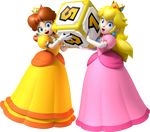  blue_eyes brown_hair crown dress earrings gloves highres jewelry looking_at_viewer mario_party multiple_girls official_art princess_daisy princess_peach super_mario_bros. super_mario_land 
