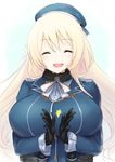  :d ^_^ atago_(kantai_collection) black_gloves blonde_hair breasts choker clapping closed_eyes commentary_request ebizome gloves hat kantai_collection large_breasts long_hair military military_uniform open_mouth smile solo uniform 